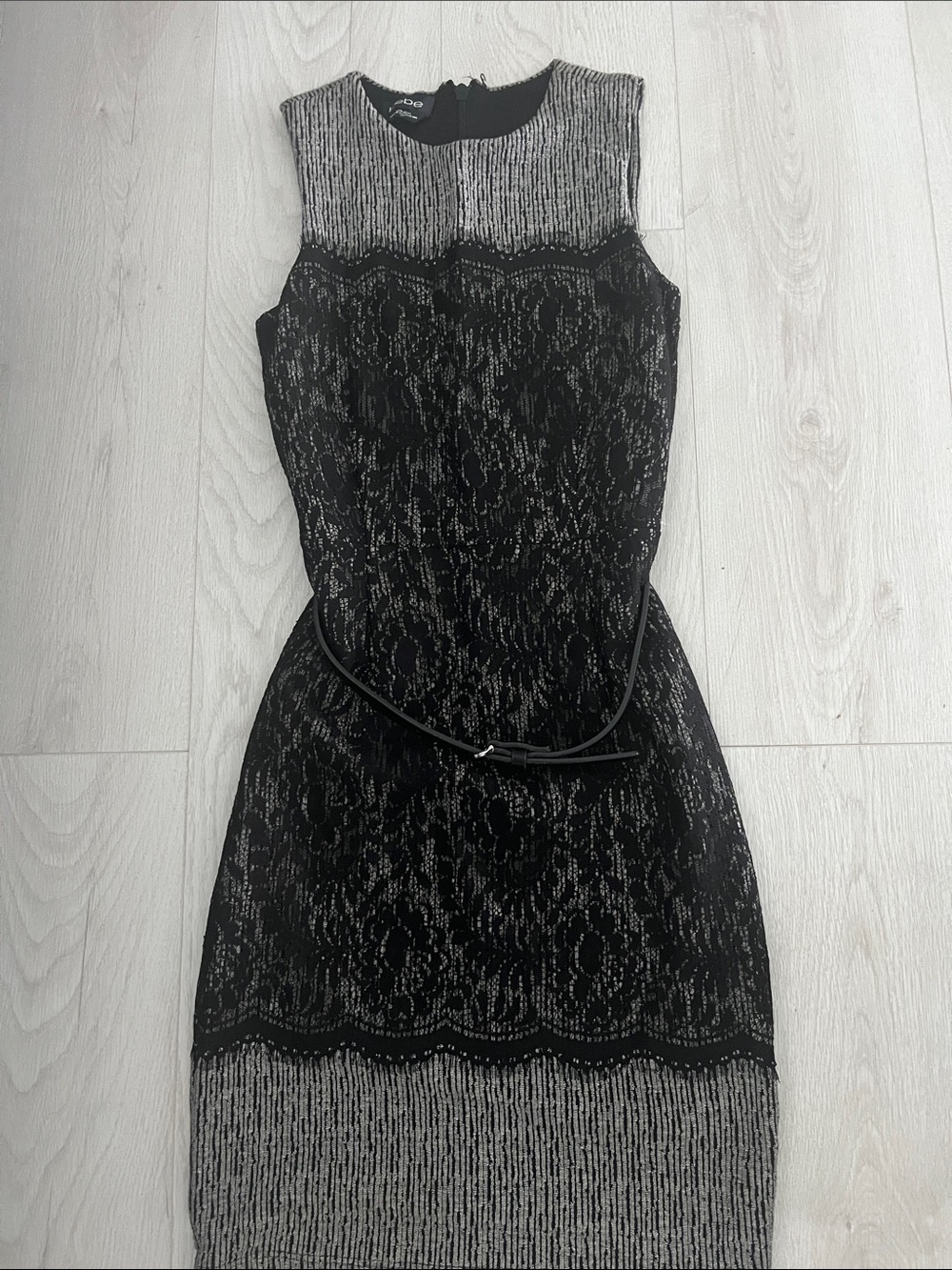 bebe Black and Silver Lace-Overlay Midi Dress